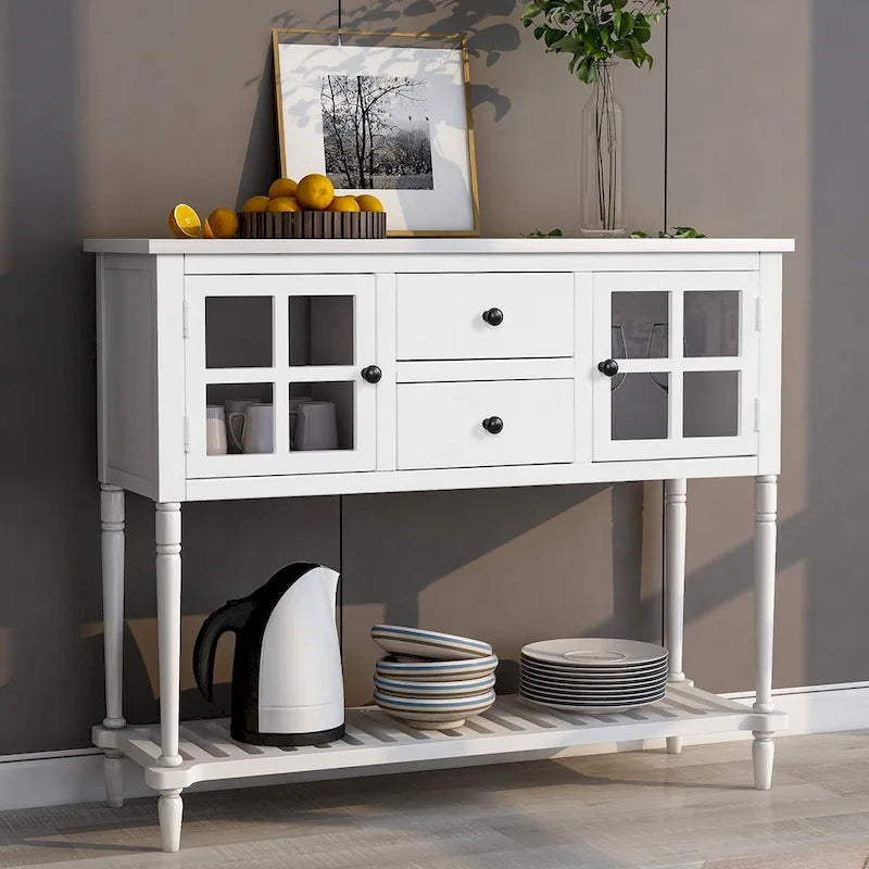 Farmhouse Wood Glass Sideboard Console Table with Bottom Shelf