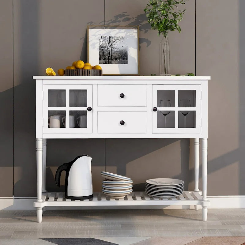 Farmhouse Wood Glass Sideboard Console Table with Bottom Shelf