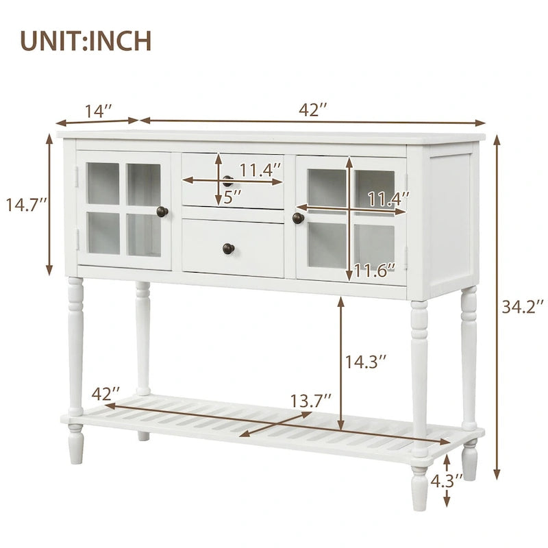 Farmhouse Wood Glass Sideboard Console Table with Bottom Shelf