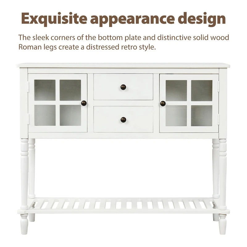 Farmhouse Wood Glass Sideboard Console Table with Bottom Shelf