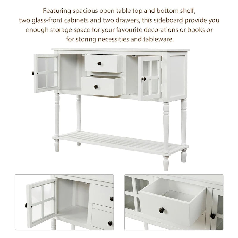 Farmhouse Wood Glass Sideboard Console Table with Bottom Shelf