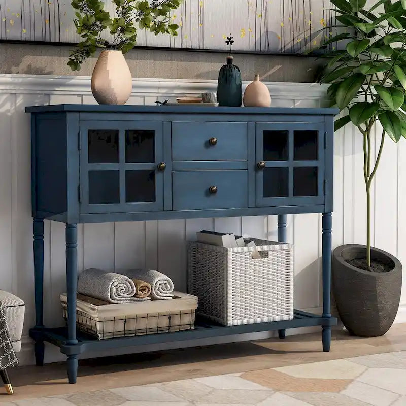 Farmhouse Wood Glass Sideboard Console Table with Bottom Shelf