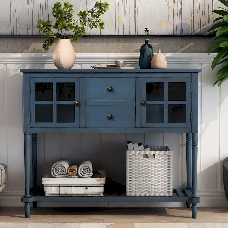 Farmhouse Wood Glass Sideboard Console Table with Bottom Shelf