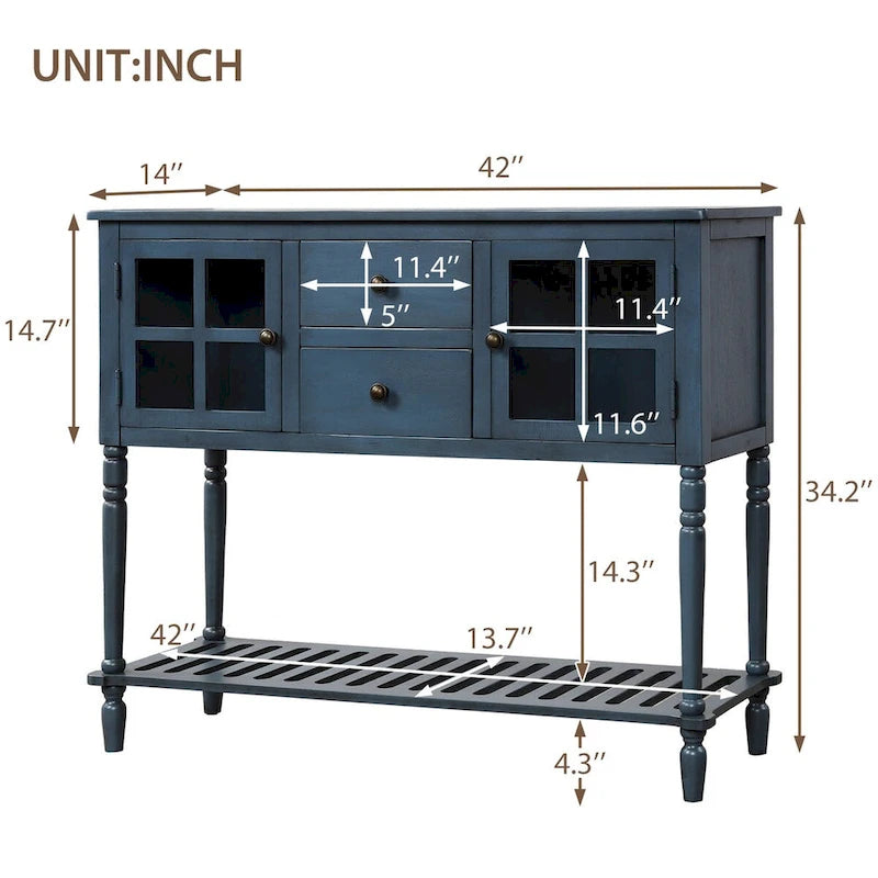 Farmhouse Wood Glass Sideboard Console Table with Bottom Shelf