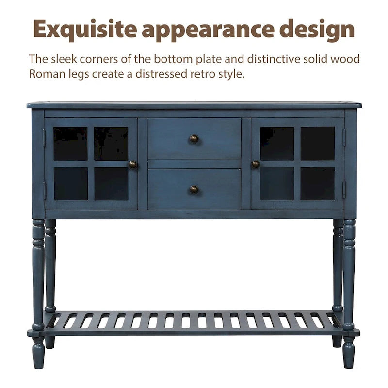 Farmhouse Wood Glass Sideboard Console Table with Bottom Shelf