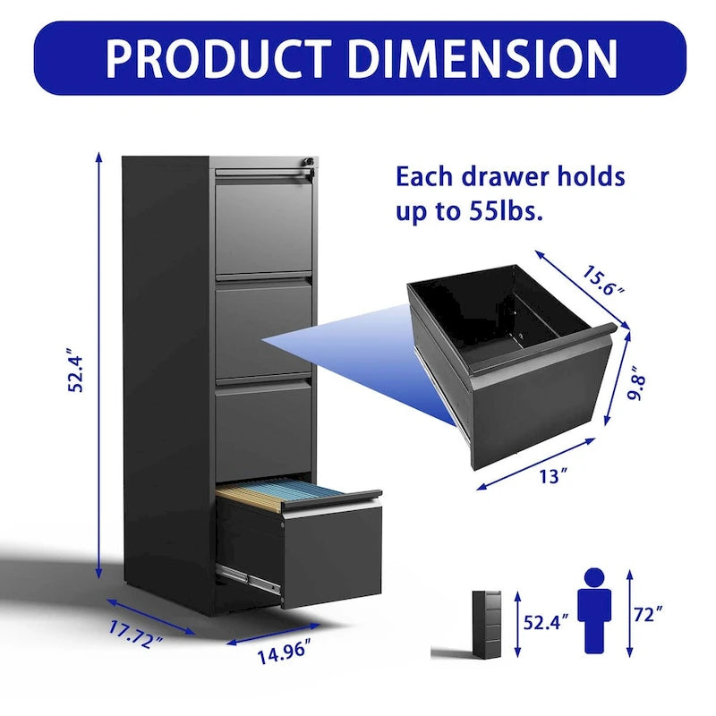 4-Drawer Metal Vertical File Cabinet with Lock and Full-Extension Drawers