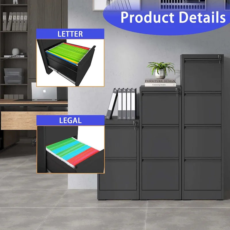 4-Drawer Metal Vertical File Cabinet with Lock and Full-Extension Drawers