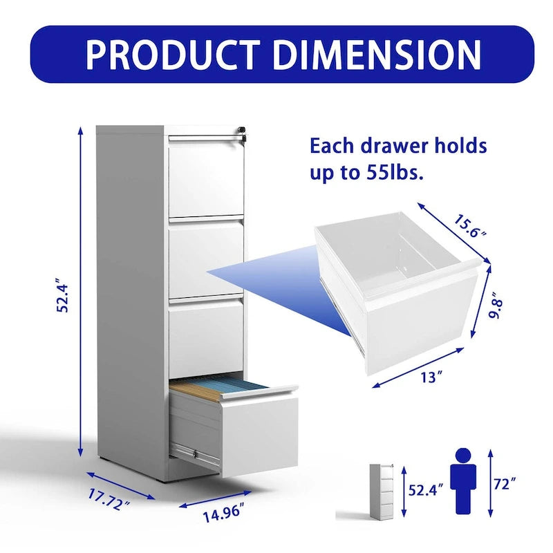 4-Drawer Metal Vertical File Cabinet with Lock and Full-Extension Drawers