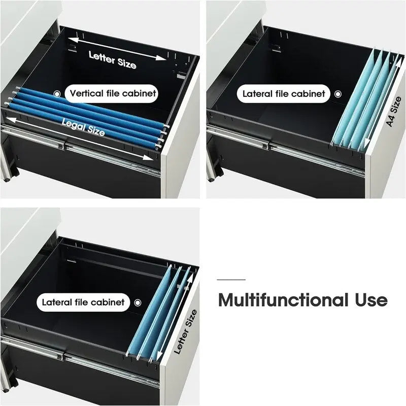 3-Drawer Rolling Pedestal File Cabinet with Lock and Removable Divider