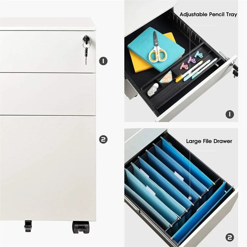 3-Drawer Rolling Pedestal File Cabinet with Lock and Removable Divider