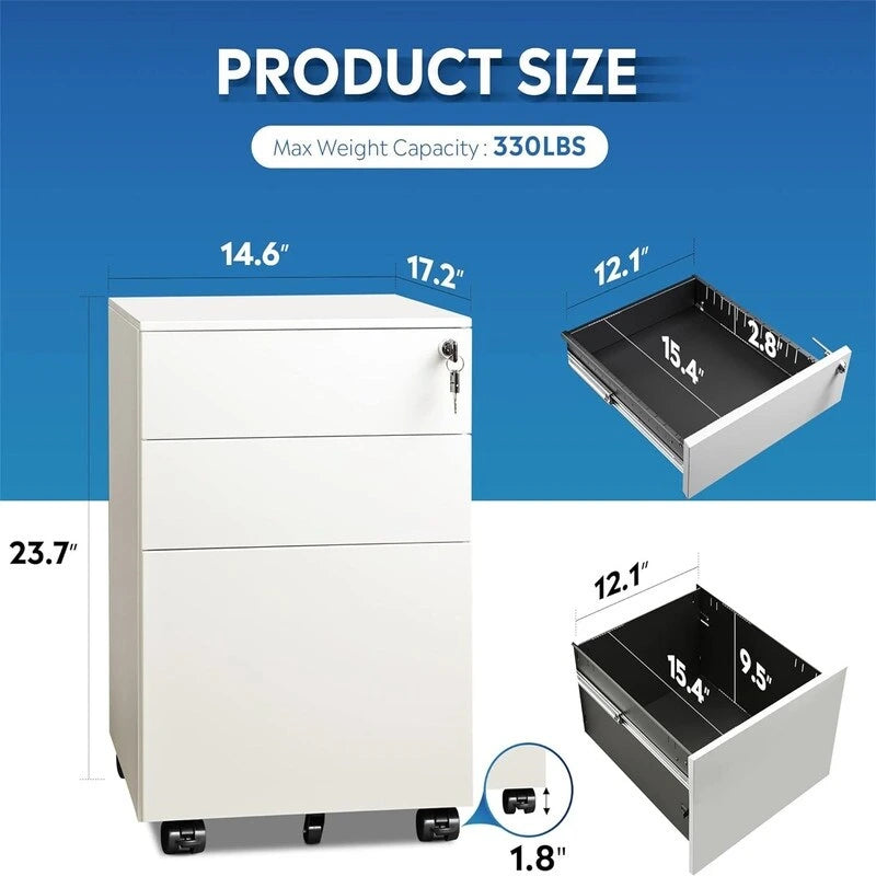 3-Drawer Rolling Pedestal File Cabinet with Lock and Removable Divider