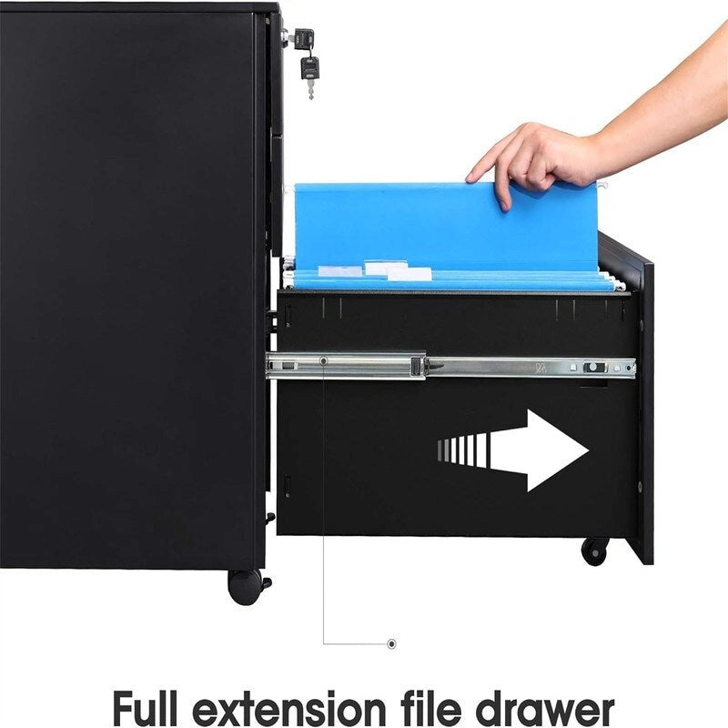 3-Drawer Rolling Pedestal File Cabinet with Lock and Removable Divider