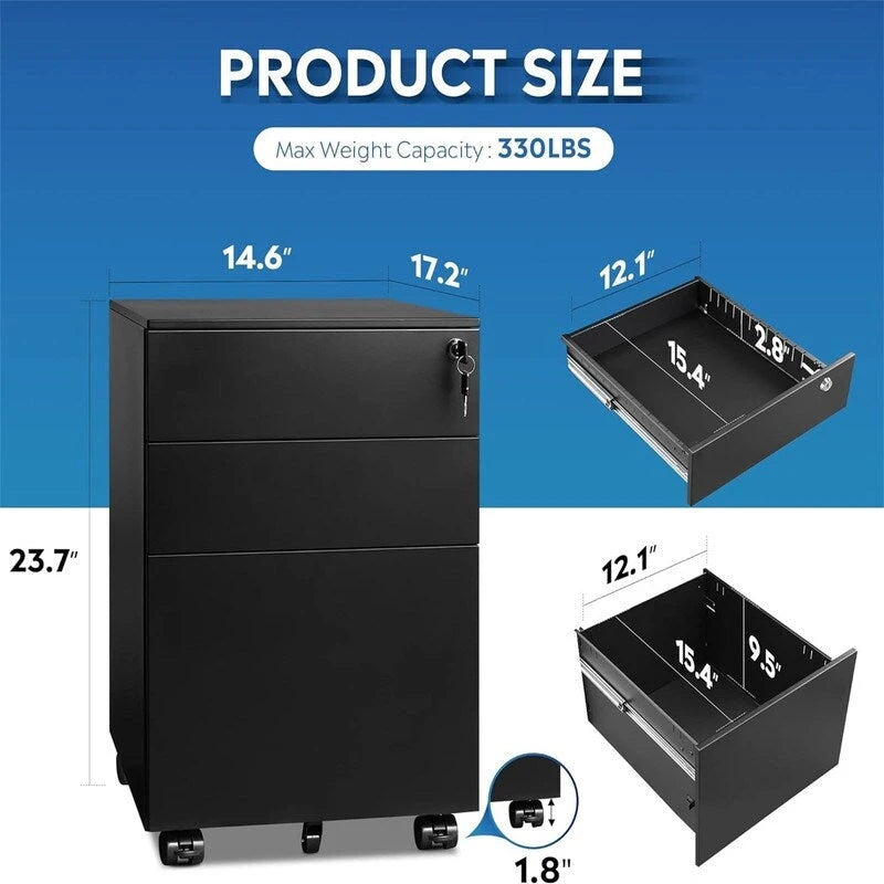 3-Drawer Rolling Pedestal File Cabinet with Lock and Removable Divider