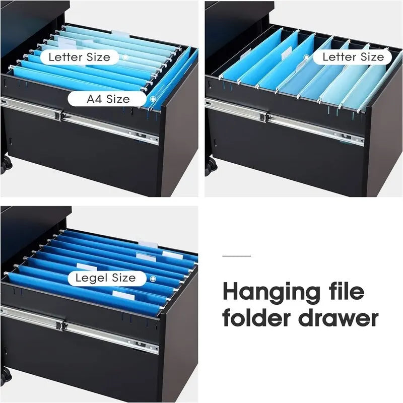 3-Drawer Rolling Pedestal File Cabinet with Lock and Removable Divider