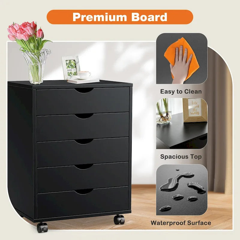 5-Drawer Mobile Storage Cabinet with Wheels and Locking Brakes