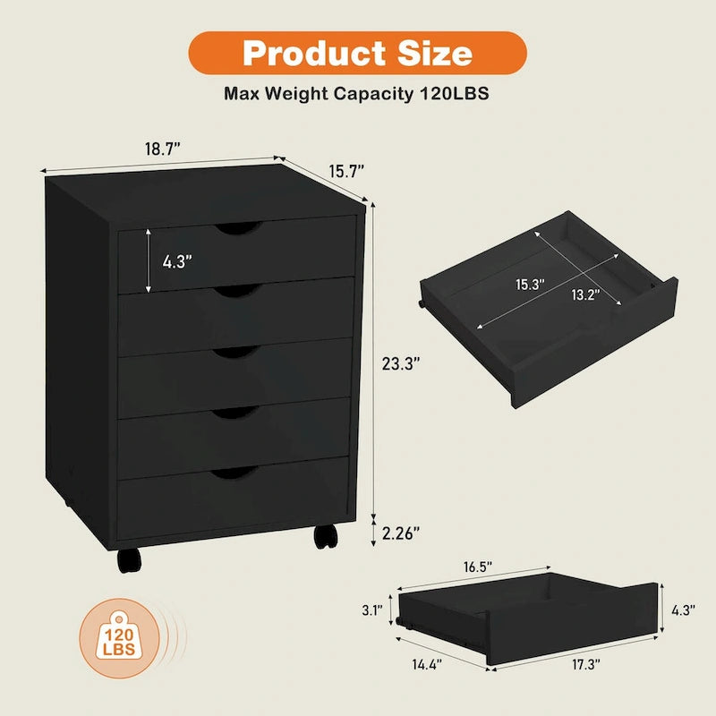 5-Drawer Mobile Storage Cabinet with Wheels and Locking Brakes