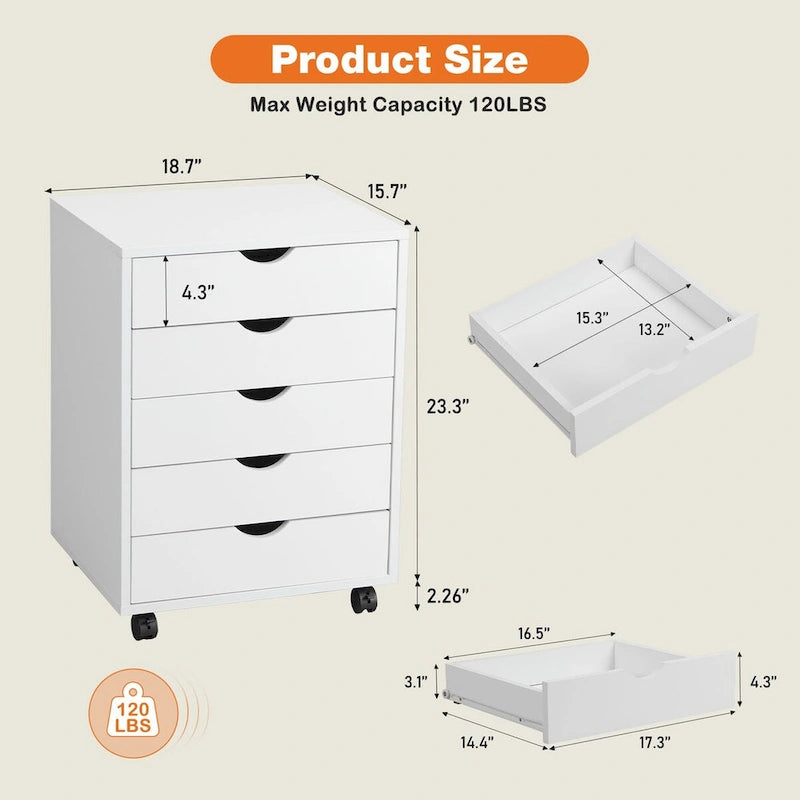 5-Drawer Mobile Storage Cabinet with Wheels and Locking Brakes