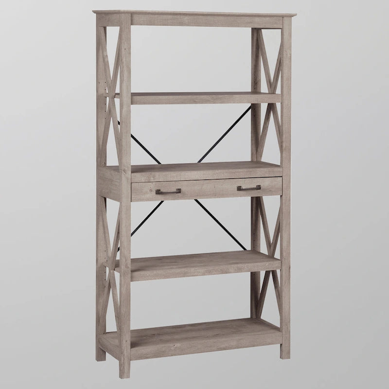 Four-Shelf Bookcase with 2 Drawers and X-Cross Accents