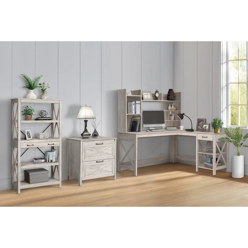 Four-Shelf Bookcase with 2 Drawers and X-Cross Accents