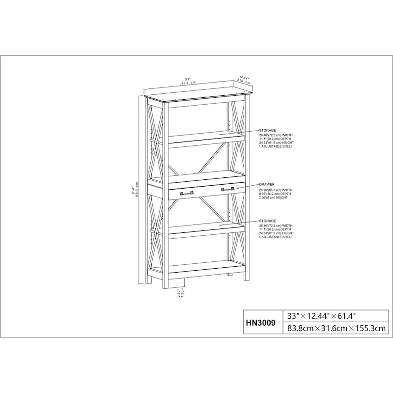 Four-Shelf Bookcase with 2 Drawers and X-Cross Accents