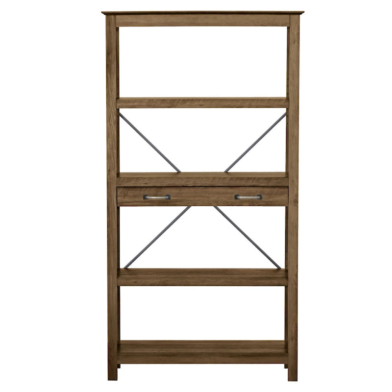 Four-Shelf Bookcase with 2 Drawers and X-Cross Accents