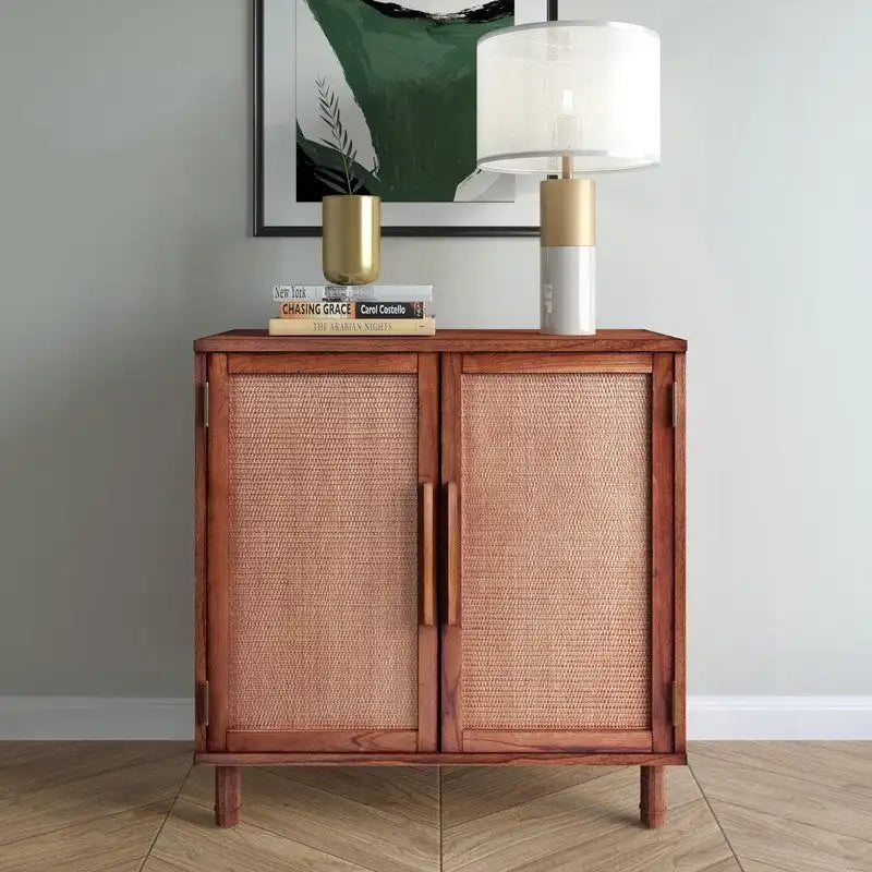 Brown 2-Door Storage Cabinet with Woven Rattan Panels and Gold Handles