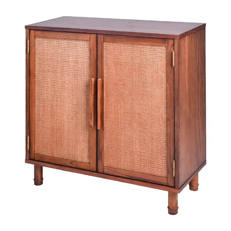Brown 2-Door Storage Cabinet with Woven Rattan Panels and Gold Handles