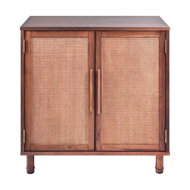 Brown 2-Door Storage Cabinet with Woven Rattan Panels and Gold Handles