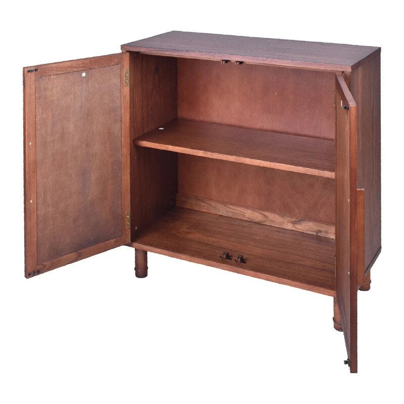 Brown 2-Door Storage Cabinet with Woven Rattan Panels and Gold Handles