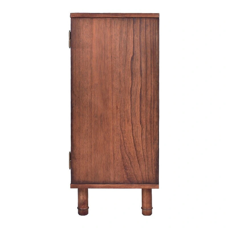 Brown 2-Door Storage Cabinet with Woven Rattan Panels and Gold Handles