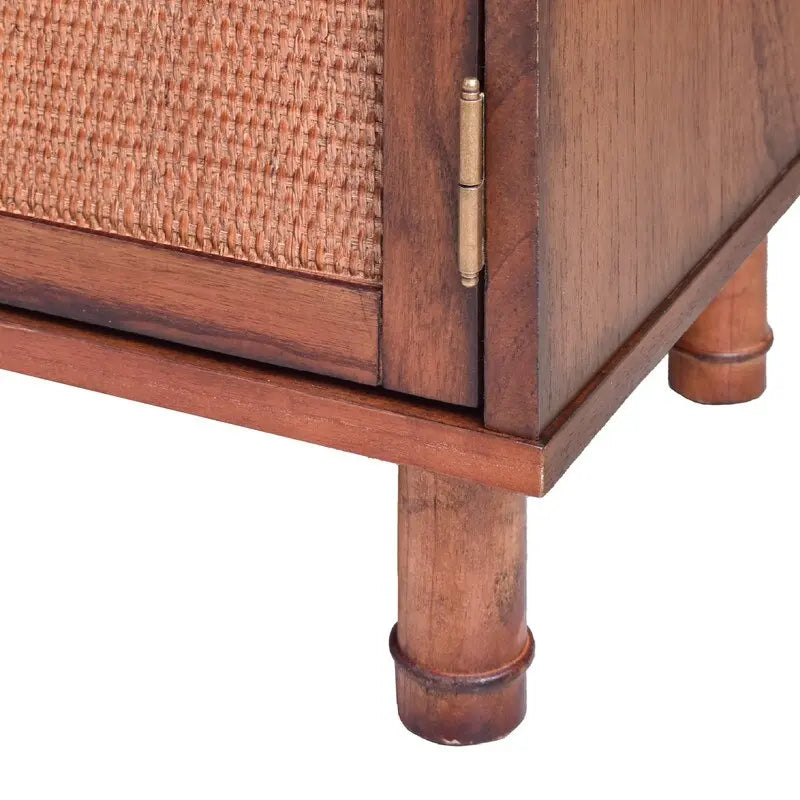 Brown 2-Door Storage Cabinet with Woven Rattan Panels and Gold Handles