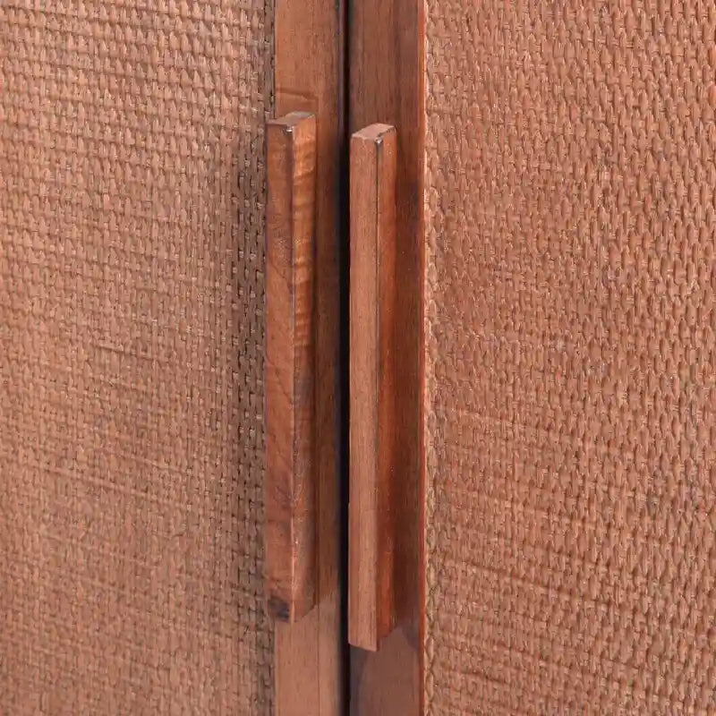 Brown 2-Door Storage Cabinet with Woven Rattan Panels and Gold Handles