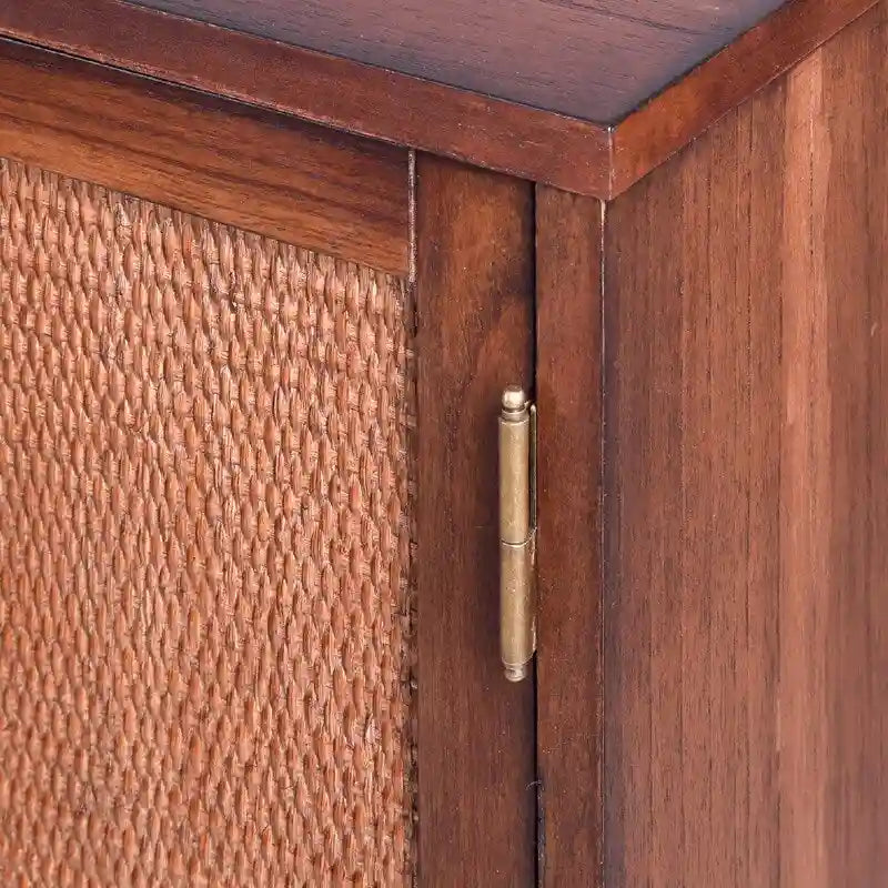 Brown 2-Door Storage Cabinet with Woven Rattan Panels and Gold Handles