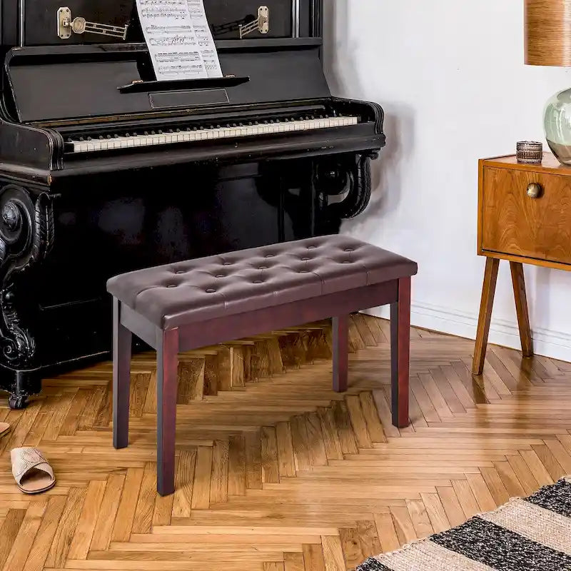 Button Tufted Faux Leather Piano Bench with Storage and Wood Frame