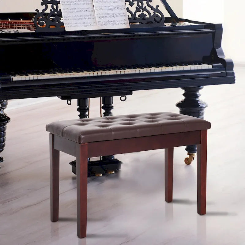 Button Tufted Faux Leather Piano Bench with Storage and Wood Frame