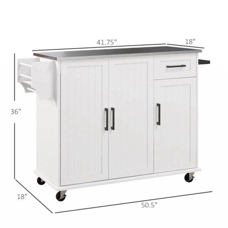 Rolling Kitchen Island with Drawer, 3 Cabinets, Spice Rack and Towel Rack - White