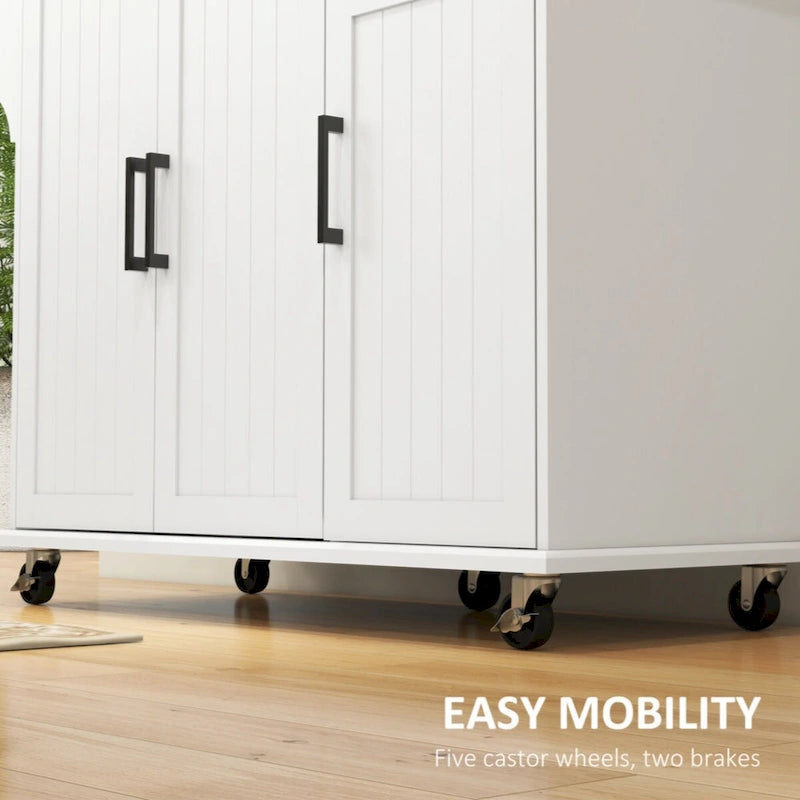 Rolling Kitchen Island with Drawer, 3 Cabinets, Spice Rack and Towel Rack - White