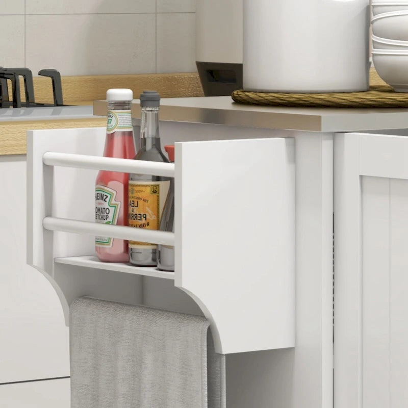Îlot de cuisine roulant avec tiroir, 3 placards, porte-épices et porte-serviettes - Blanc