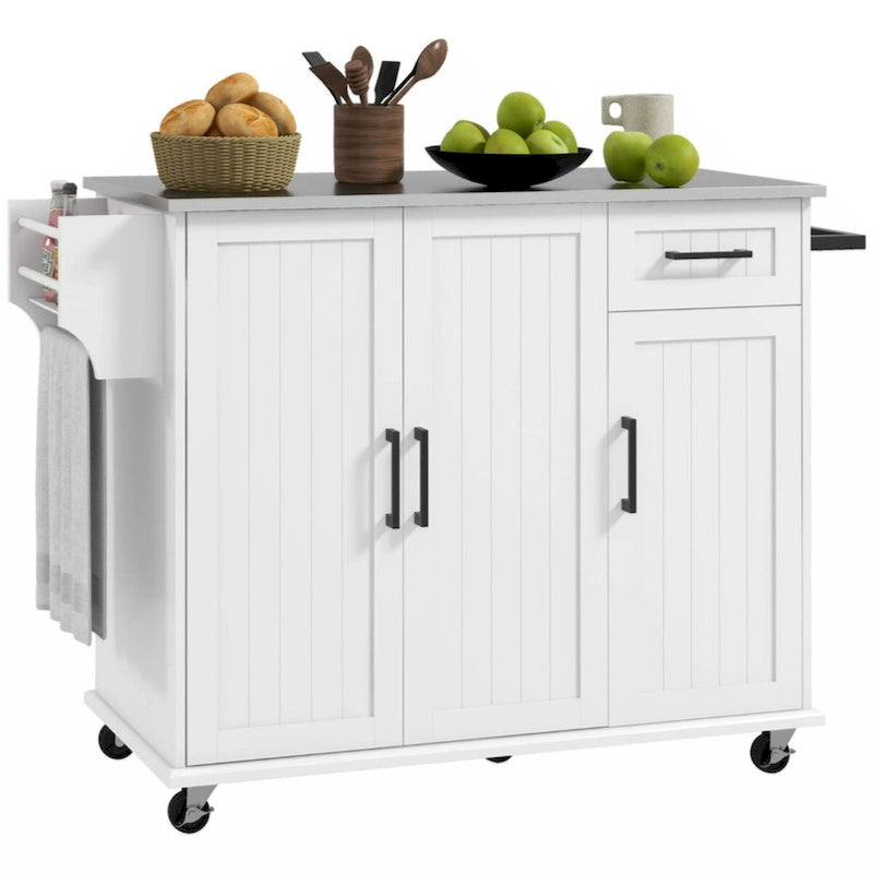 Îlot de cuisine roulant avec tiroir, 3 placards, porte-épices et porte-serviettes - Blanc