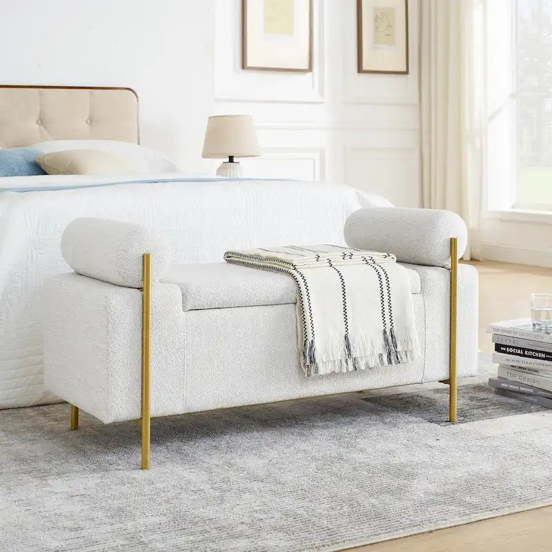 Upholstered Storage Bench with Cylindrical Arms and Iron Legs - 44x17x23