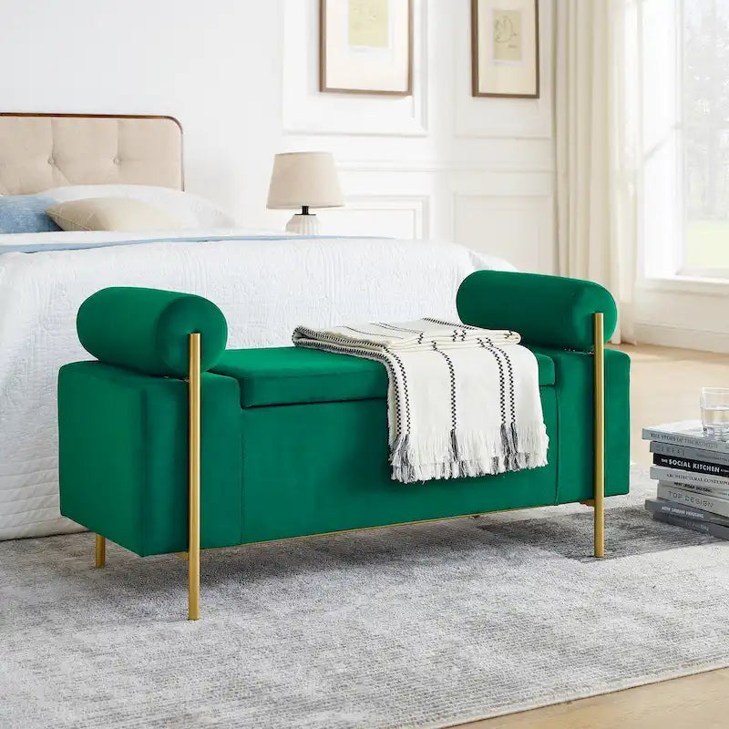 Upholstered Storage Bench with Cylindrical Arms and Iron Legs - 44x17x23