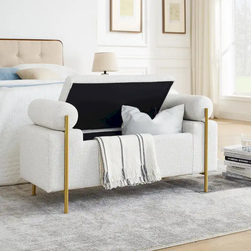 Upholstered Storage Bench with Cylindrical Arms and Iron Legs - 44x17x23