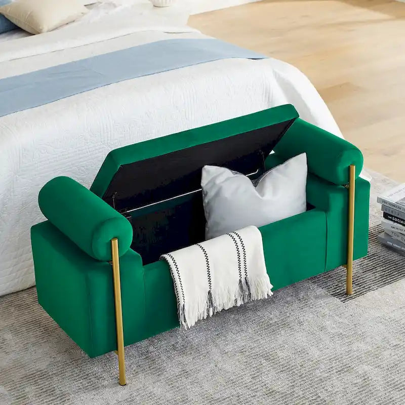 Upholstered Storage Bench with Cylindrical Arms and Iron Legs - 44x17x23