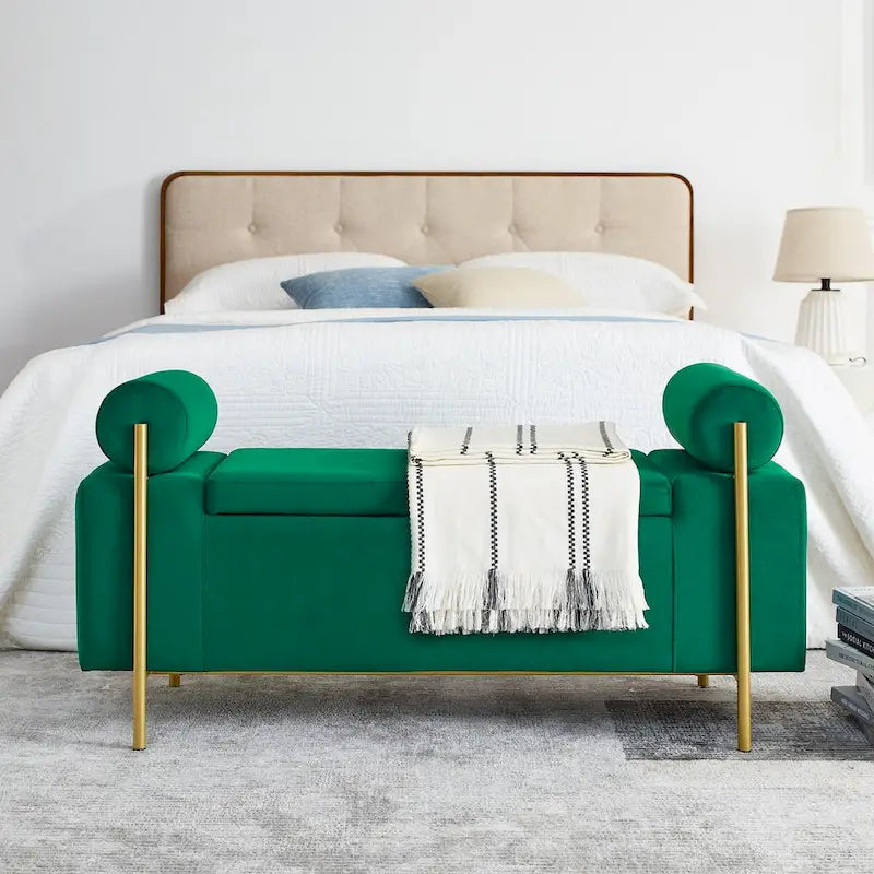 Upholstered Storage Bench with Cylindrical Arms and Iron Legs - 44x17x23
