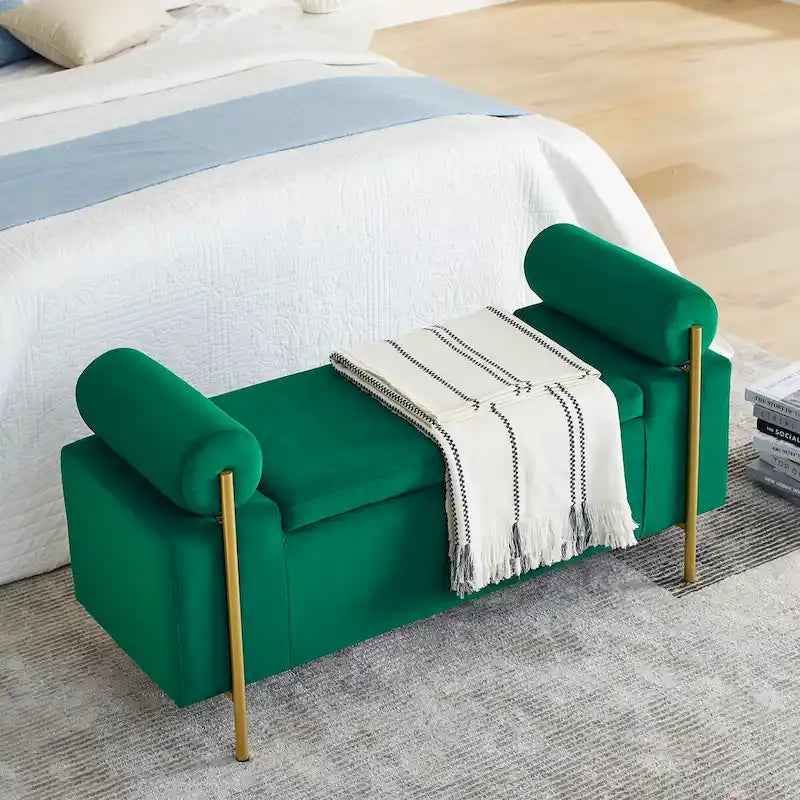 Upholstered Storage Bench with Cylindrical Arms and Iron Legs - 44x17x23