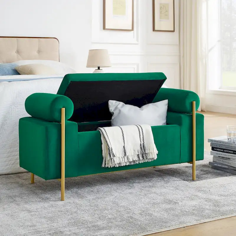 Upholstered Storage Bench with Cylindrical Arms and Iron Legs - 44x17x23