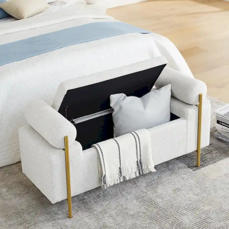 Upholstered Storage Bench with Cylindrical Arms and Iron Legs - 44x17x23