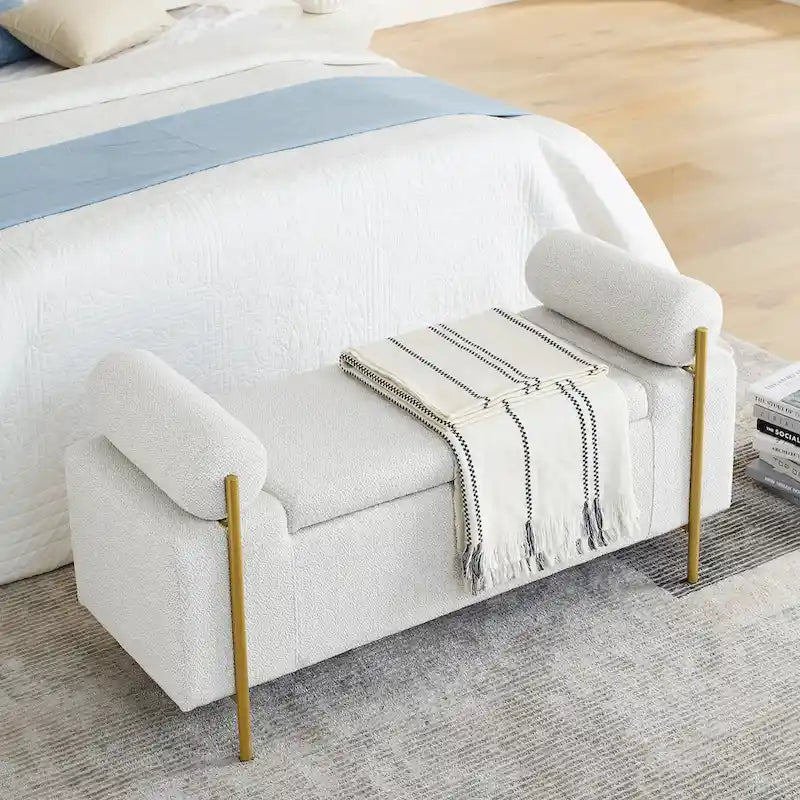 Upholstered Storage Bench with Cylindrical Arms and Iron Legs - 44x17x23