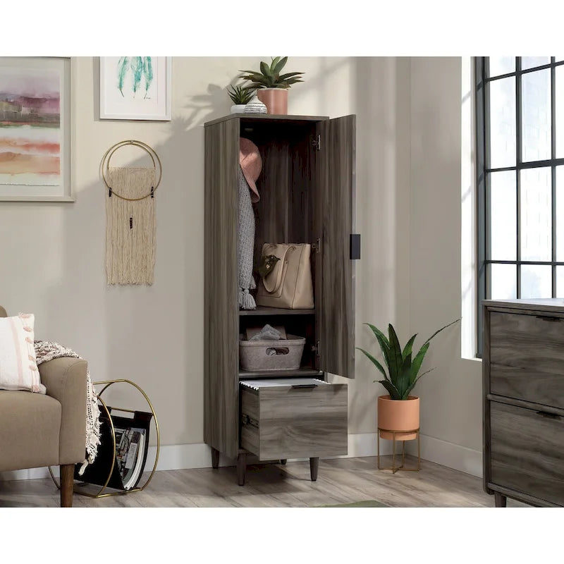 Vertical Storage Cabinet with File Drawer, Adjustable Shelf and Acacia Finish
