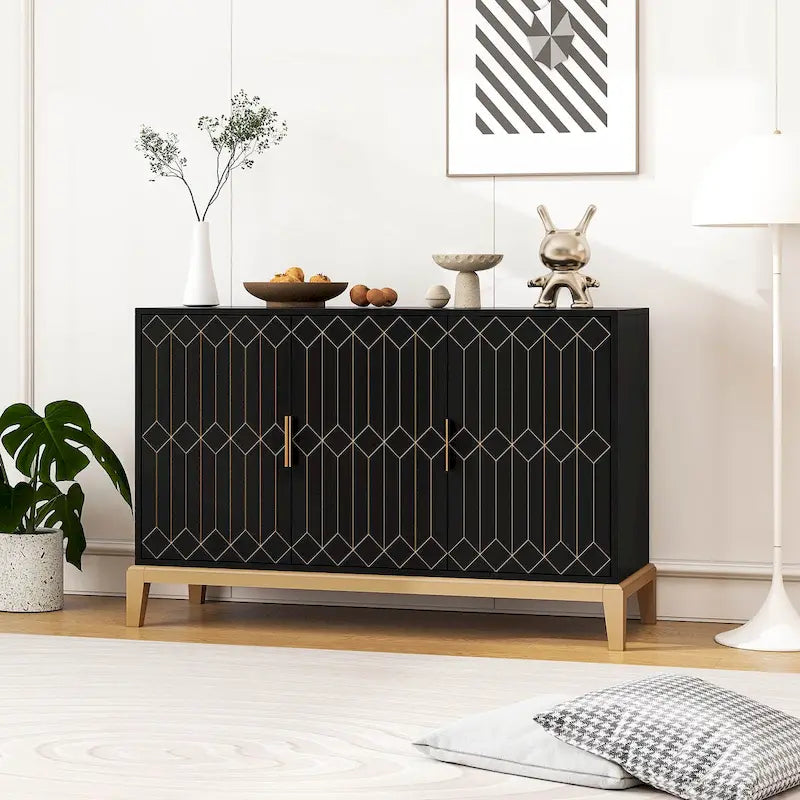 3-Door Sideboard Cabinet with Gold Handles and Adjustable Shelf